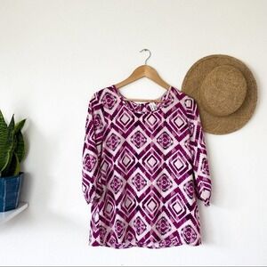 Pink Owl Pink Geometric 3/4 Sleeve Crewneck Blouse